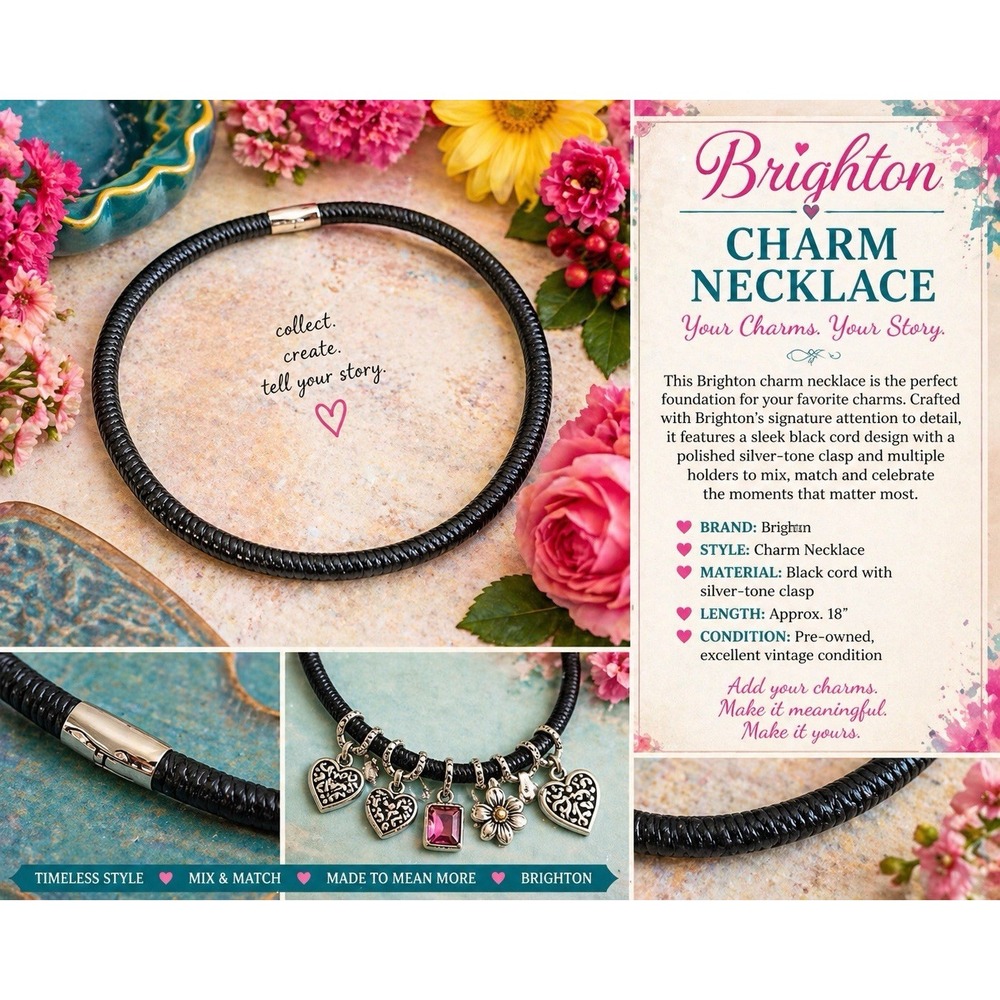 Brighton Etched Floral Curved Bar Pendant  Braided Cord Necklace For Charms